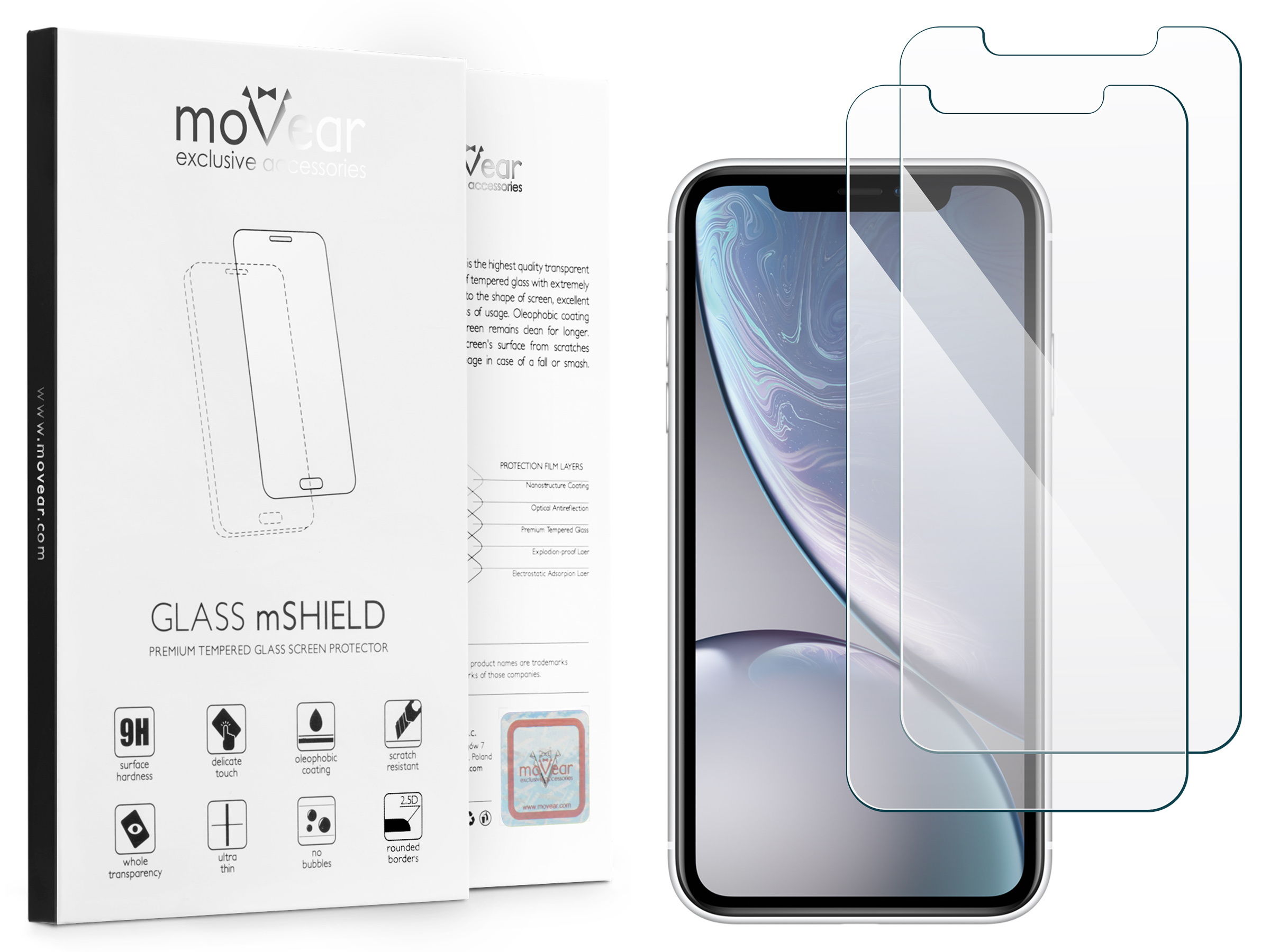2 szt. | moVear Szkło Hartowane 2.5D na Apple iPhone Xr | do etui, 9H | GLASS mSHIELD Transparentny