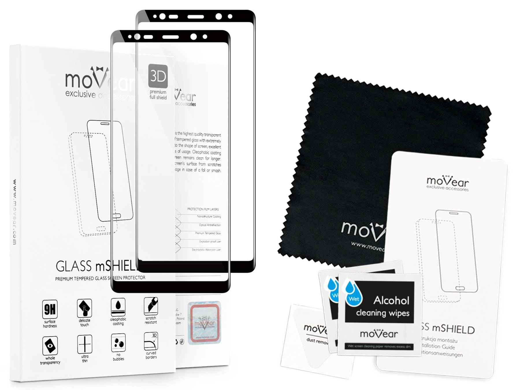 2 szt. | moVear Szkło Hartowane 3D na Samsung Galaxy Note 8 | na Cały Ekran, 9H | GLASS mSHIELD Czarny