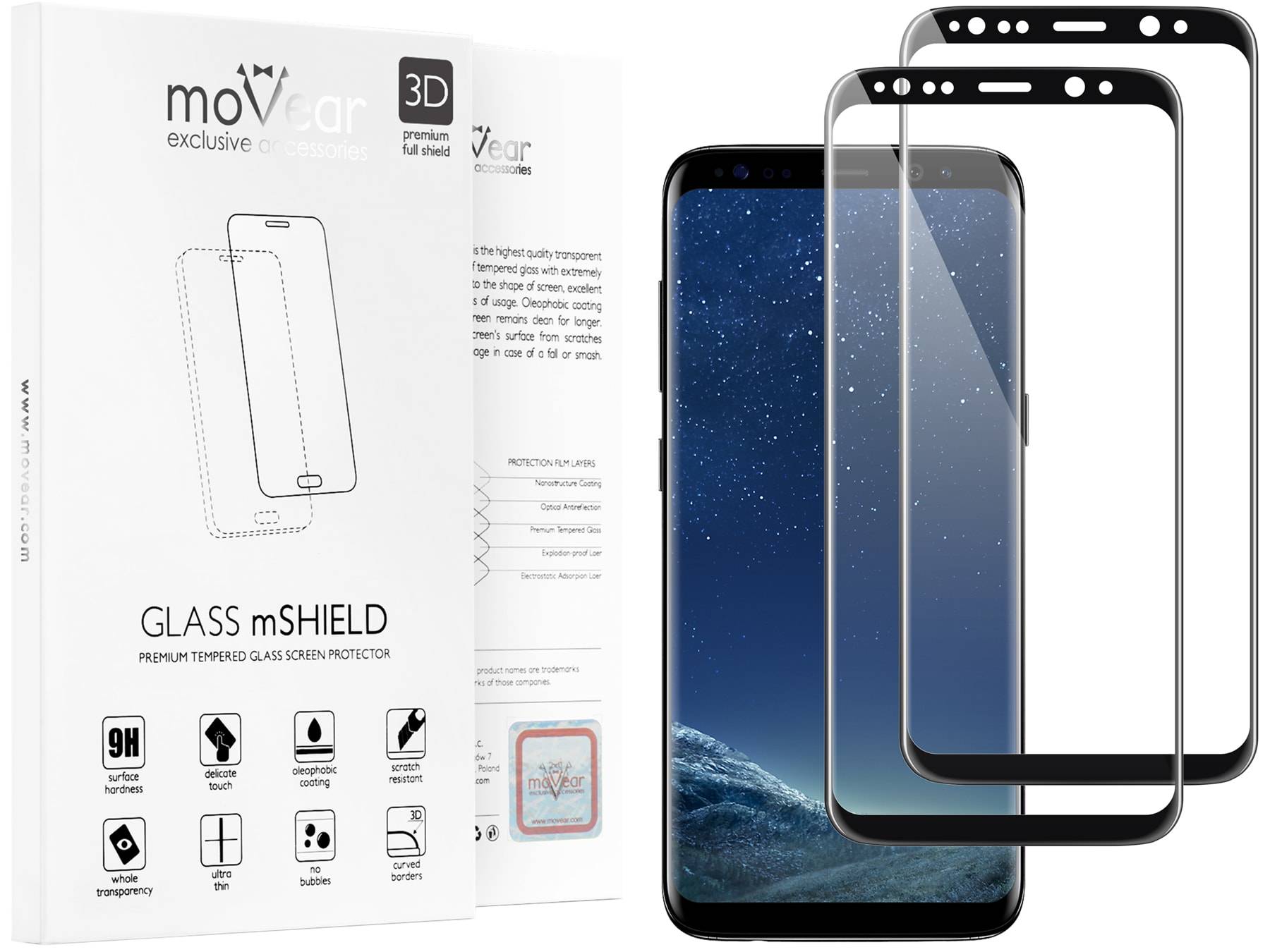 2 szt. | moVear Szkło Hartowane 3D na Samsung Galaxy S8+ (Plus) | na Cały Ekran, 9H | GLASS mSHIELD Czarny