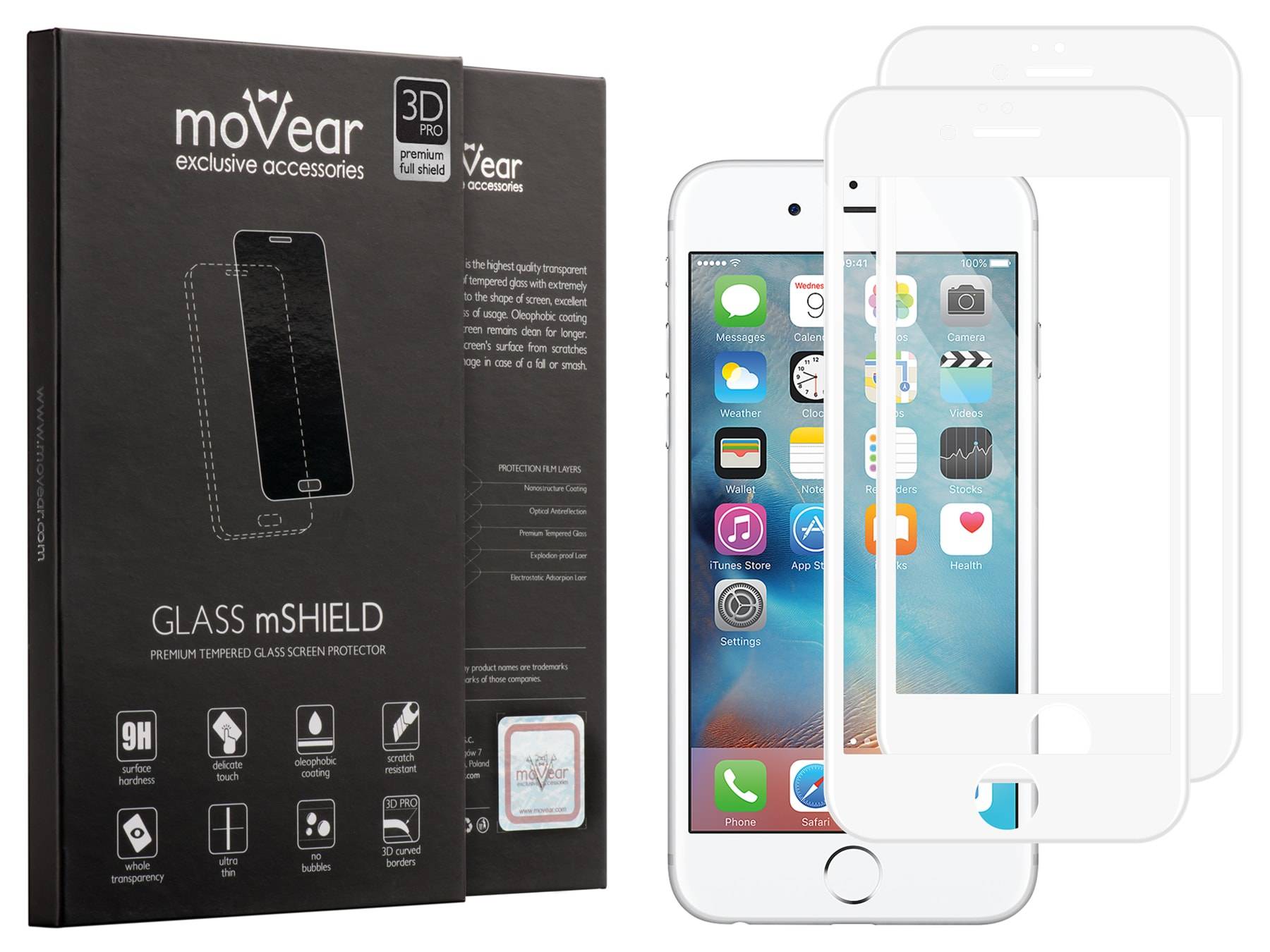 2 szt. | moVear Szkło Hartowane 3D PRO na Apple iPhone 6 / 6s | na Cały Ekran, 9H | GLASS mSHIELD Biały