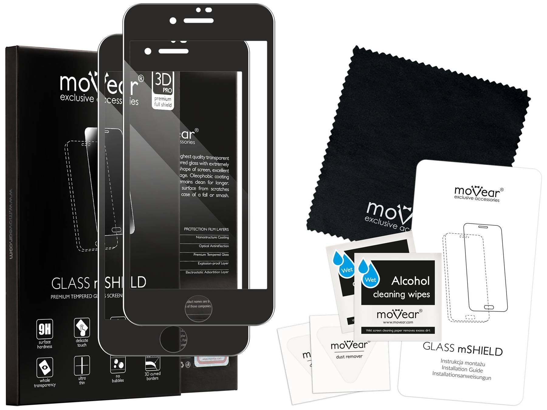 2 szt. | moVear Szkło Hartowane 3D PRO na Apple iPhone 8 / 7 | na Cały Ekran, 9H | GLASS mSHIELD Czarny