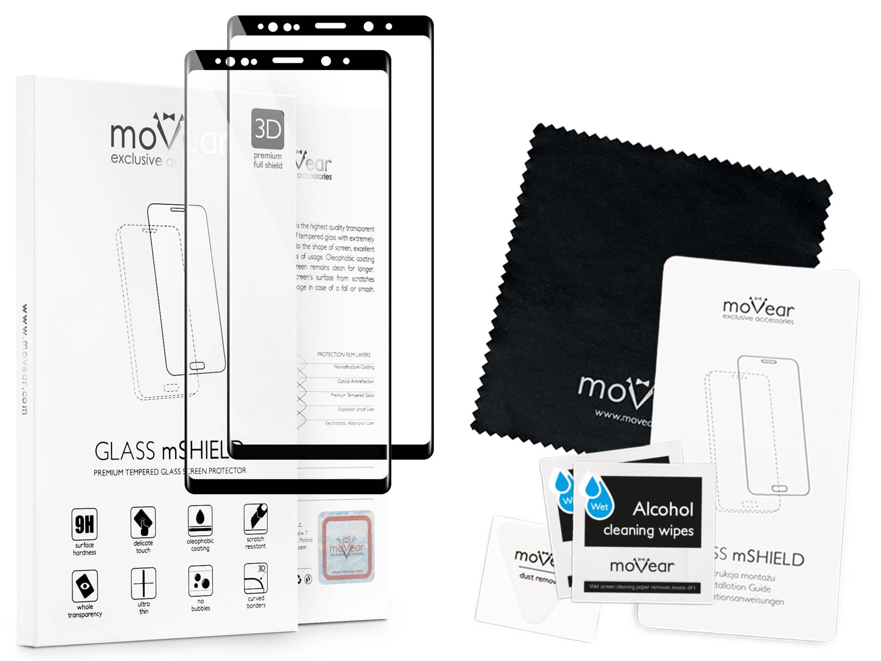 2 szt. | moVear Szkło Hartowane 3D na Samsung Galaxy Note 9 | na Cały Ekran, 9H | GLASS mSHIELD Czarny