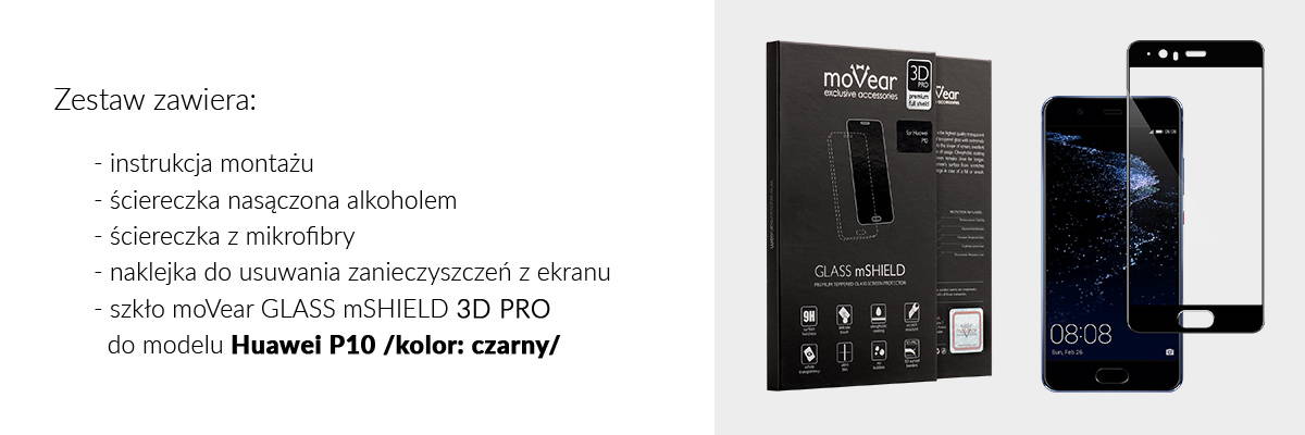Co zawiera opakowanie czarnego szkła 3D moVear do Huawei P10