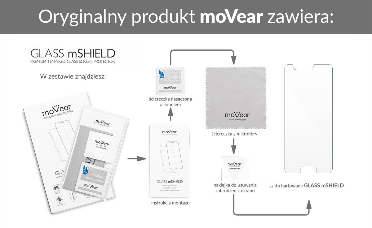 Oryginalne Szkło Hartowane 2.5D moVear GLASS mSHIELD na Huawei P10 zawiera: