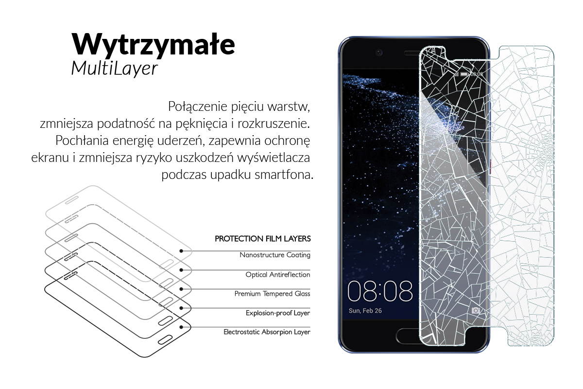 Wytrzymałe szkło zmniejszy ryzyko uszkodzeń ekranu w przypadku upadku smartfona Huawei P10