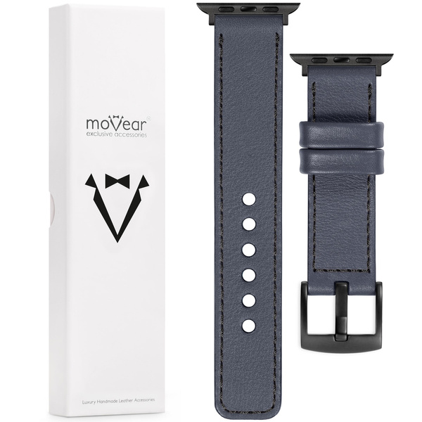 moVear C1 Skórzany pasek 20mm do Apple Watch 7/6/SE/5/4/3/2/1 (45/44/42mm) z adapterem | Brązowy ze srebrnym przeszyciem, krótki, rozmiar S/M
