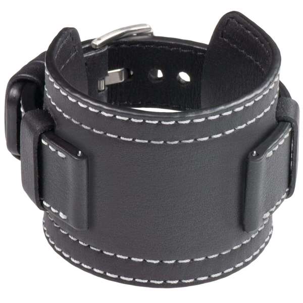 moVear Cw1 22mm Szeroki skórzany pasek do zegarka / smartwatcha | Czarny ze srebrnym przeszyciem, rozmiar M/L