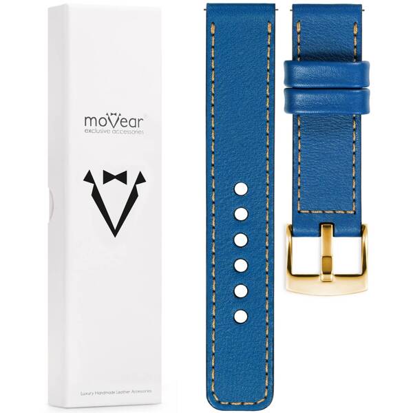moVear Prestige C1 Skórzany pasek 18mm do zegarka | Niebieski, złote przeszycie [rozmiary XS-XXL i klamra do wyboru]