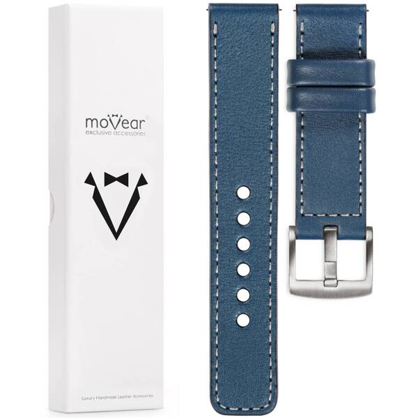 moVear Prestige C1 Skórzany pasek 20mm do Huawei Watch GT 3 2 1 (42mm) / GT 3 Pro (43mm) | Niebieski jeans, srebrne przeszycie [rozmiary XS-XXL i klamra do wyboru]