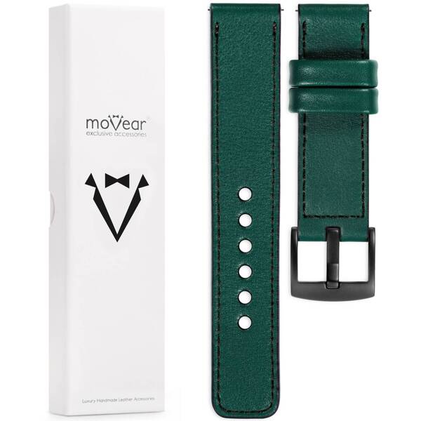 moVear Prestige C1 Skórzany pasek 20mm do Huawei Watch GT 3 2 1 (42mm) / GT 3 Pro (43mm) | Zielony butelkowy, czarne przeszycie [rozmiary XS-XXL i klamra do wyboru]