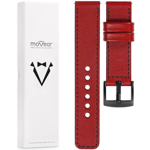 moVear Prestige C1 Skórzany pasek 20mm do zegarka | Czerwony szkarłatny, grafitowe przeszycie [rozmiary XS-XXL i klamra do wyboru]