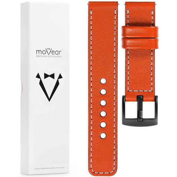 moVear Prestige C1 Skórzany pasek 20mm do zegarka | Pomarańczowy, srebrne przeszycie [rozmiary XS-XXL i klamra do wyboru]