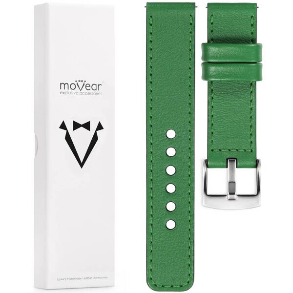 moVear Prestige C1 Skórzany pasek 20mm do zegarka | Zielony, zielone przeszycie [rozmiary XS-XXL i klamra do wyboru]