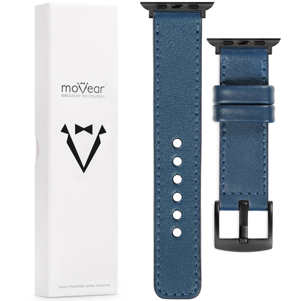 moVear Prestige C1 Skórzany pasek 22mm do Apple Watch 9 / 8 / 7 / 6 / 5 / 4 / SE (41/40mm) | Niebieski jeans, niebieski jeans przeszycie [rozmiary XS-XXL i klamra do wyboru]