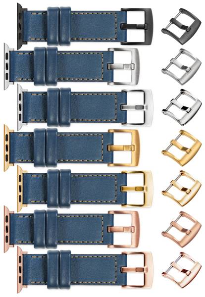 moVear Prestige C1 Skórzany pasek 22mm do Apple Watch 9 / 8 / 7 / 6 / 5 / 4 / SE (41/40mm) | Niebieski jeans, złote przeszycie [rozmiary XS-XXL i klamra do wyboru]