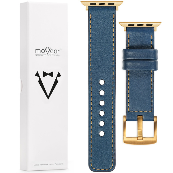 moVear Prestige C1 Skórzany pasek 22mm do Apple Watch 9 / 8 / 7 / 6 / 5 / 4 / SE (45/44mm) & Ultra (49mm) | Niebieski jeans, złote przeszycie [rozmiary XS-XXL i klamra do wyboru]