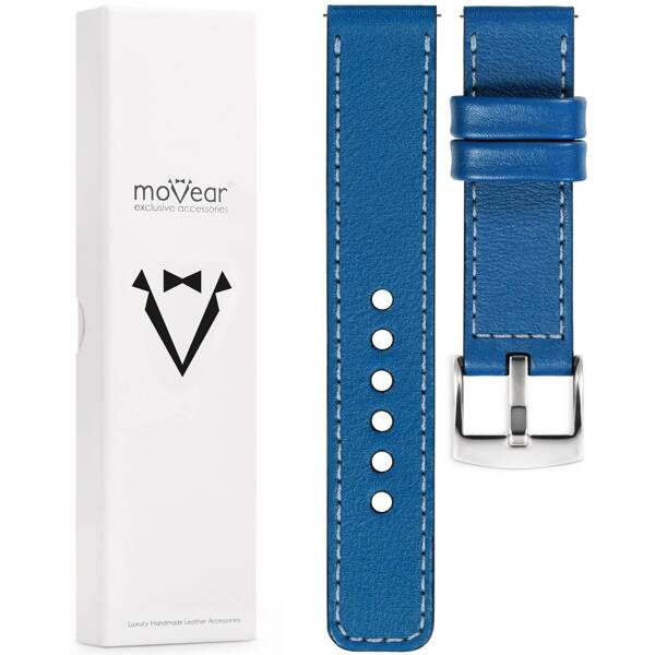 moVear Prestige C1 Skórzany pasek 22mm do zegarka | Niebieski, błękitne przeszycie [rozmiary XS-XXL i klamra do wyboru]