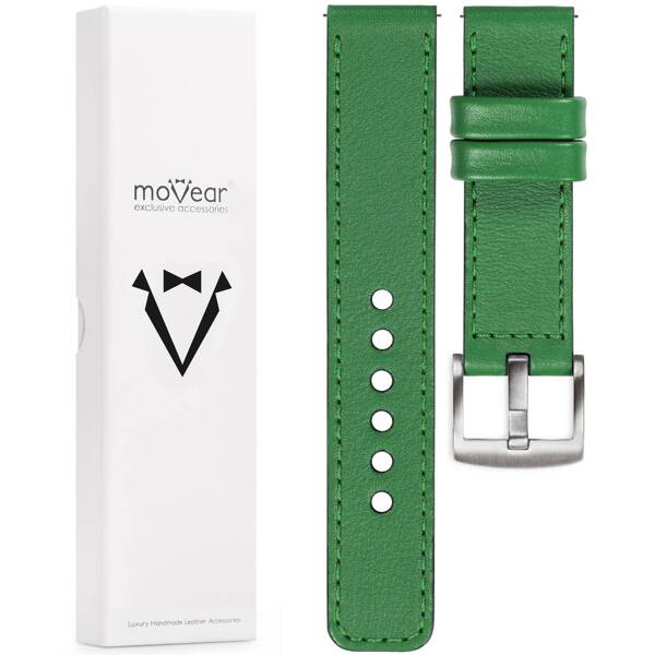 moVear Prestige C1 Skórzany pasek 22mm do zegarka | Zielony, zielone przeszycie [rozmiary XS-XXL i klamra do wyboru]