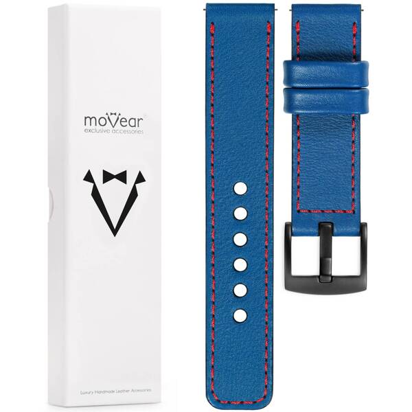 moVear Prestige C1 Skórzany pasek 24mm do zegarka | Niebieski, czerwone przeszycie [rozmiary XS-XXL i klamra do wyboru]