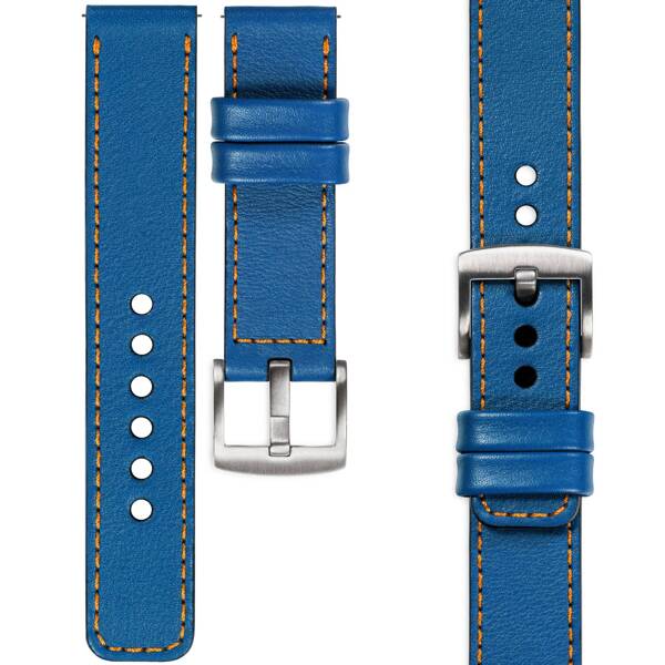 moVear Prestige C1 Skórzany pasek 24mm do zegarka | Niebieski, pomarańczowe przeszycie [rozmiary XS-XXL i klamra do wyboru]