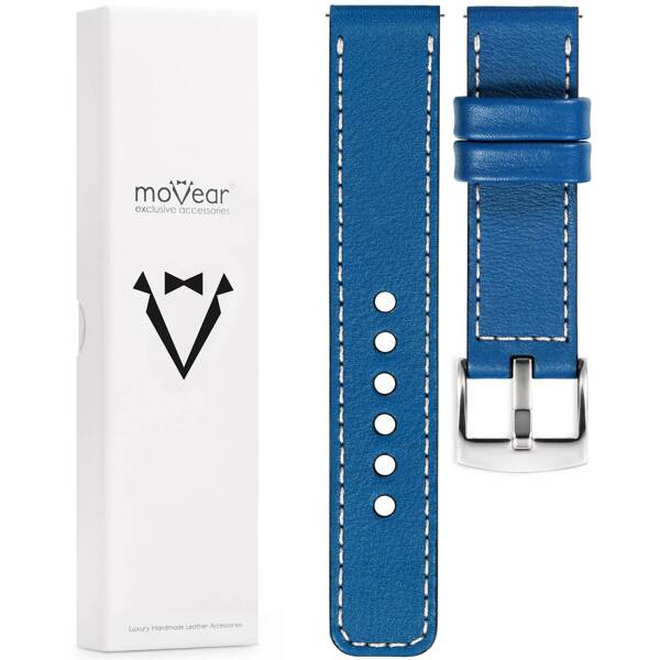 moVear Prestige C1 Skórzany pasek 26mm do zegarka | Niebieski, białe przeszycie [rozmiary XS-XXL i klamra do wyboru]